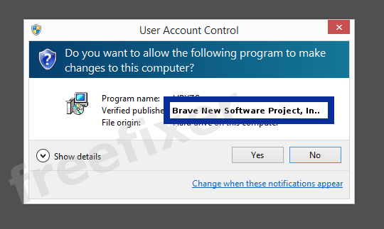 Screenshot where Brave New Software Project, Inc appears as the verified publisher in the UAC dialog